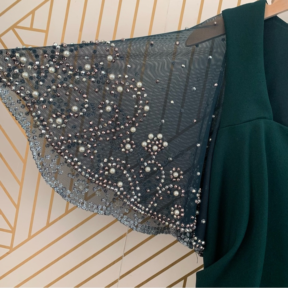 BETSY & ADAM Beaded Flutter-Sleeve Ruched Gown Square Neckline in Pine Green 8 - Picture 9 of 13